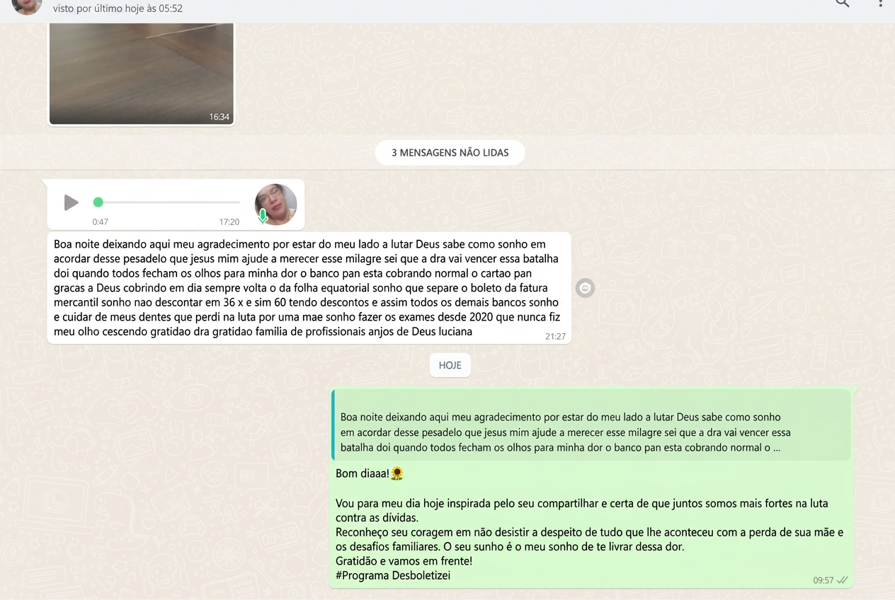 Print de depoimento recebido no WhatsApp